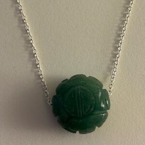 NWOT Necklace carved flower, green Aventurine stone, Chinese symbol 1” chain 18”